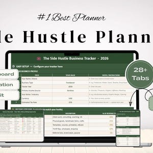 May include: A digital Side Hustle Planner displayed on a laptop screen, featuring a business tracker for 2026. The interface includes a P&L Dashboard, customization options, profit tracking, 28+ tabs, and automated calculations for business management.