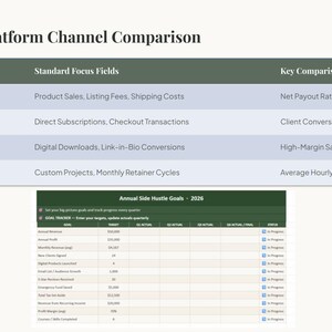 May include: A business chart titled Stream & Platform Channel Comparison listing sales channels like Etsy Shop, Shopify, and Stan Store with focus fields and targets, followed by an Annual Side Hustle Goals 2026 spreadsheet tracker.