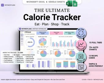 May include: A digital calorie tracker spreadsheet for Microsoft Excel and Google Sheets displayed on a laptop screen. The interface features colorful pie charts, bar graphs, and data tables for tracking daily macros, calorie intake, and meal planning.