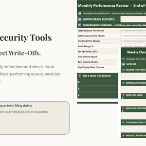 May include: A digital business strategy module featuring a Mindset & Security Tools section with text prompts for tax tracking and write-offs, alongside two templates titled Monthly Performance Review and Weekly Check-In for tracking revenue and expenses.