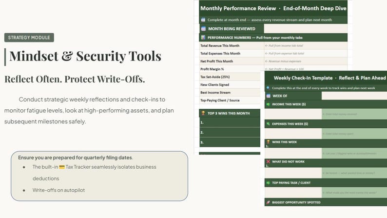 May include: A digital business strategy module featuring a Mindset & Security Tools section with text prompts for tax tracking and write-offs, alongside two templates titled Monthly Performance Review and Weekly Check-In for tracking revenue and expenses.