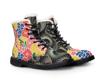 Nautilus Spiral Shell Pattern Boots | Floral Accent Fur-Lined Leather Boots