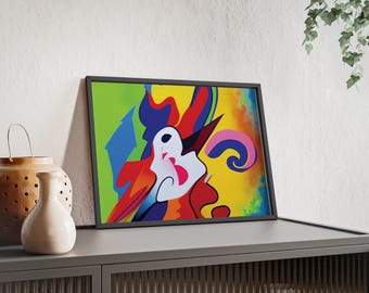 Póster abstracto de rostro colorido con marco de madera / Arte de pared moderno estilo pop art
