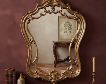 Vintage 1970s Ornate Gold Rococo Wall Mirror by Carolina Mirror Corp | Hollywood Regency Openwork Faux Giltwood Statement Mirror - 35x24”
