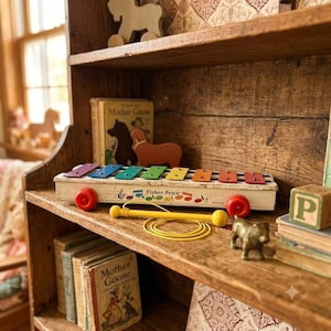 Rare Vintage 1964 Fisher-Price Xylophone Toy #870 | Solid Wood Frame & Plastic Wheels with Yellow Mallet | Beautifully Weathered Playroom