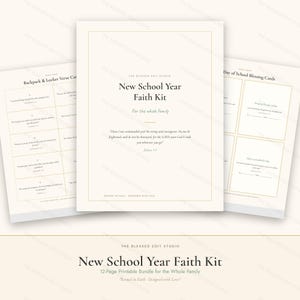 Può includere: Un kit di fede stampabile per il nuovo anno scolastico con una pagina del titolo che riporta il testo New School Year Faith Kit e Giosuè 1:9, insieme a pagine di carte con versetti e carte di benedizione per il primo giorno di scuola.