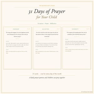 Pode incluir: Um conjunto de cartões 31 Days of Prayer for Your Child com o texto Scripture, Prayer, Reflection. Três cartões de exemplo são exibidos com os títulos Courage, Salvation e Integrity, cada um contendo um versículo bíblico e uma oração.