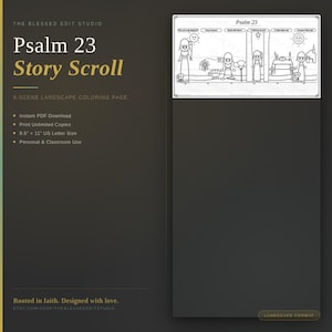 May include: A digital download titled "Psalm 23 Story Scroll" with a 6-scene landscape coloring page. The image includes text about instant PDF download, unlimited copies, 8.5" x 11" US Letter size, and personal & classroom use. The image is in landscape format.