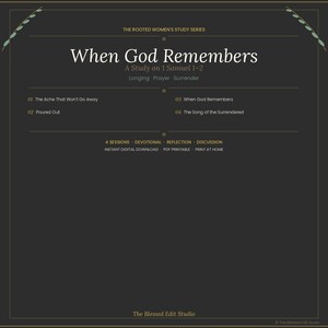 Può includere: Una guida allo studio digitale grigio scuro intitolata When God Remembers: A Study on 1 Samuel 1-2. Elenca quattro sessioni: The Ache That Won't Go Away, Poured Out, When God Remembers e The Song of the Surrendered. Include devozionale e discussione.