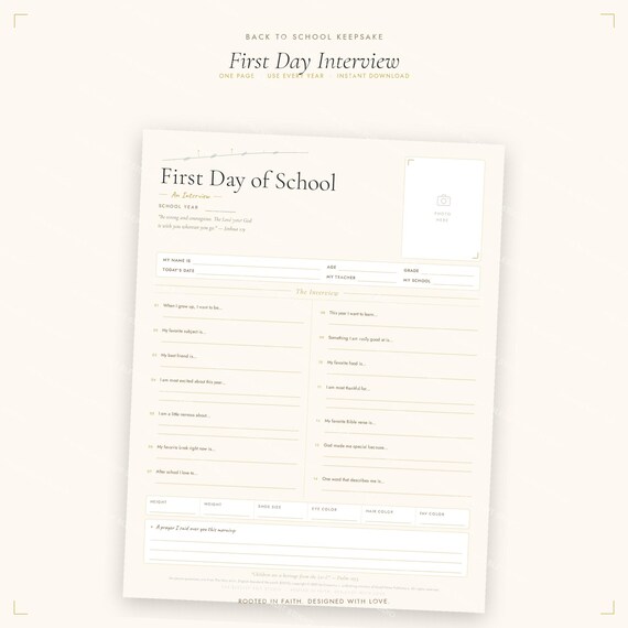 First Day of School Interview Printable, Christian Keepsake Memory Page (Instant Download)