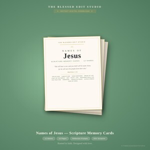May include: A stack of off-white scripture memory cards titled Names of Jesus, featuring black text and gold borders. The top card displays the text The Blessed Edit Studio, Names of Jesus, Scripture Memory Cards, 12 Names, and Matthew 1:21.