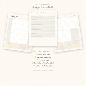 Può includere: Un set di pianificatore digitale da 84 pagine che include un calendario mensile di agosto, una pagina di sfida Fruit of the Spirit e layout settimanali. Include tracker per la fede, accademici e per il benessere con sezioni a colori.
