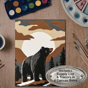 Può includere: Un kit di pittura numerica con un orso nero in una scena di foresta con un grande sole. Il dipinto utilizza sfumature di marrone, grigio e bianco. Il kit include una lista di materiali e traccianti in 4 dimensioni di tela.
