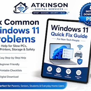Windows 11 snabbfixguide | Utskrivbar datorhjälp i PDF-format för långsam dator, WiFi, skrivarproblem och bedrägerisäkerhet