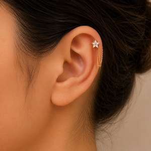 Flower CZ Chain Cartilage Earring, Dainty Helix Lobe Piercing, Flat Back Stud
