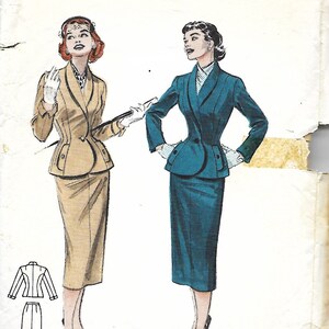 1950's Butterick 6817 Misses Fitted Suit Sewing Pattern, Narrow Revers, Four Gore Pencil Skirt, Size 12, Bust 30