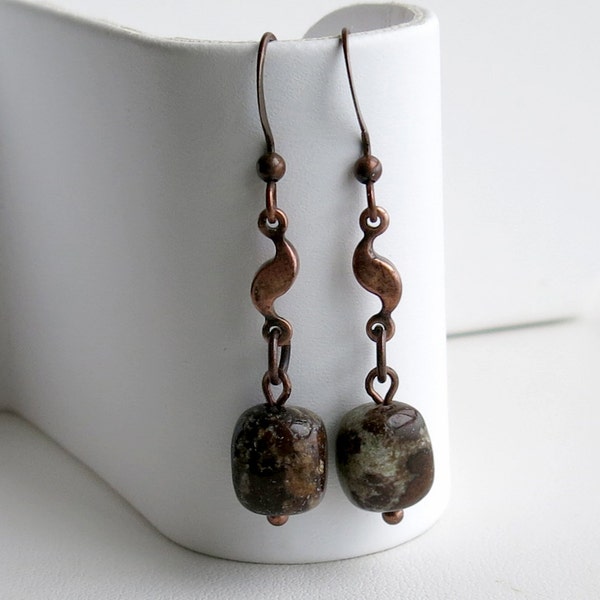 Green opal and antique copper earrings - multi-coloured green, brown and cream stones