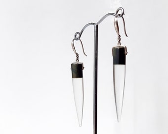 Sterling silver earrings with blue tiger's eye and quartz intarsia spikes.