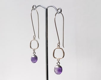 Sterling silver earrings with natural amethyst capped snow pea beads, square connectors and long fish hook ear wires