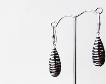 Sterling silver and black enamel intarsia teardrop earrings suspended from top quality ear wires