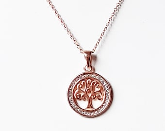 Rose gold vermeil (rose gold on sterling silver) necklace with tree of life pendant and stardust crystal finish on oval link chain