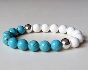 Howlite and white stone stretch bracelet with sterling silver rounds