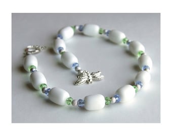 Silver-plated necklace with white agate, green and blue faceted glass beads and dragonfly toggle clasp