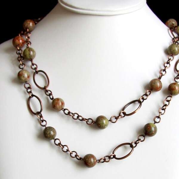 Unakite and copper necklace - natural multi-coloured brown, green and rust stones