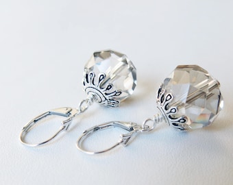 Sterling silver and silver-toned faceted crystal earrings