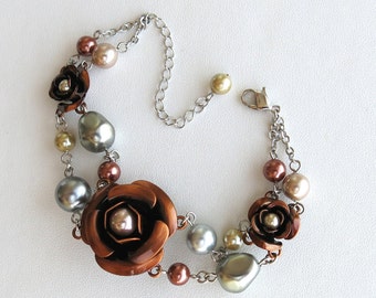 Vintage Victorian silver-plated bracelet with round and irregular Swarovski pearls and copper roses