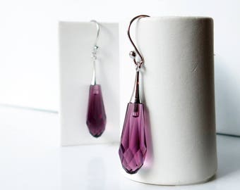 Sterling silver earrings with faceted amethyst Swarovski drops