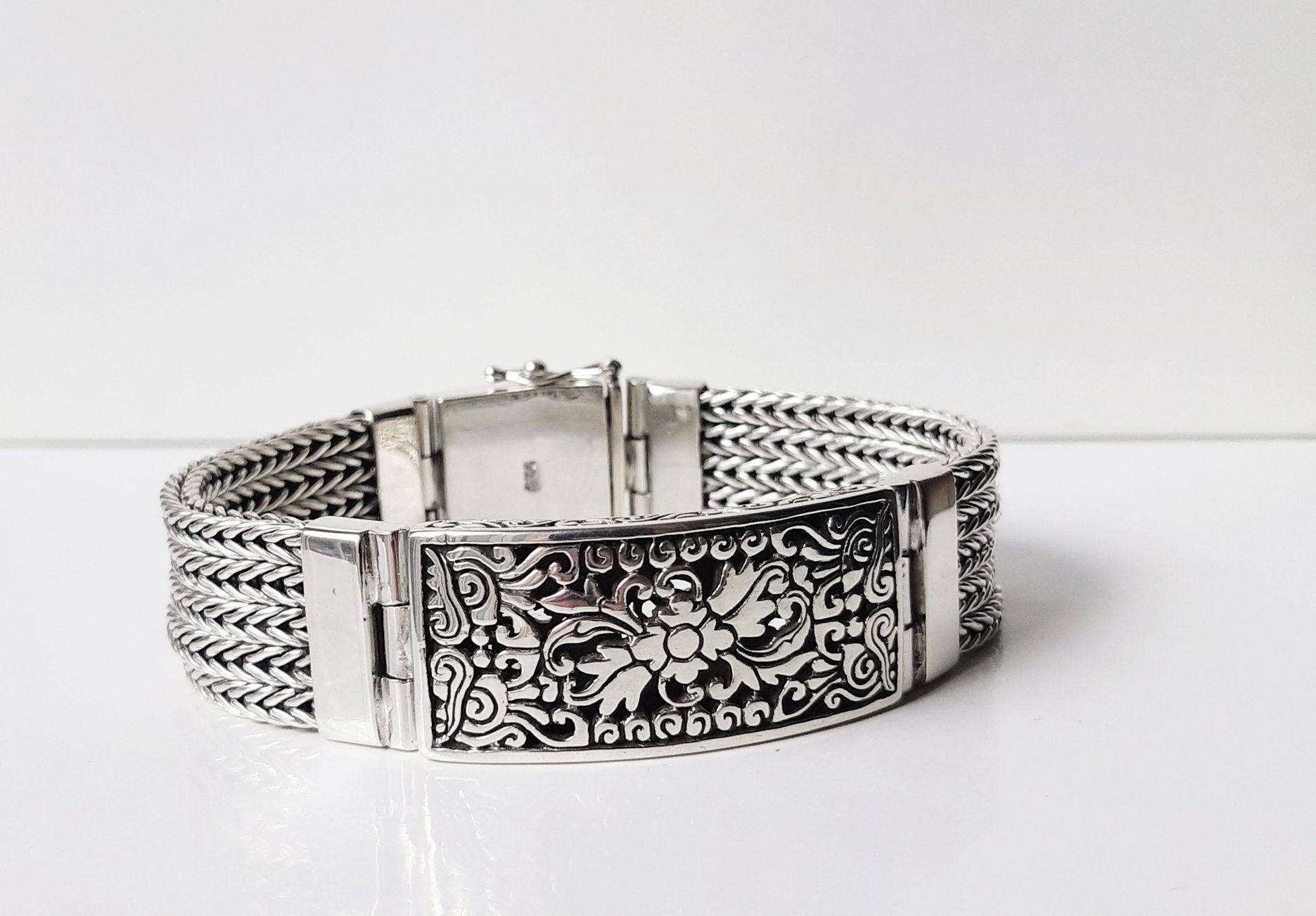 Sterling Silver Statement Bracelet With Focal Carving