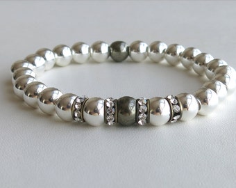 Sterling silver and pyrite stacking bracelet with crystal roundelles