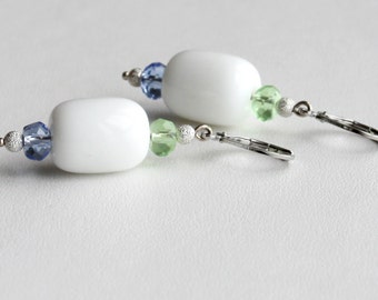 Silver-plated earrings with white agate, green and blue faceted glass roundelles and frosted silver rounds