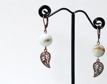 Copper earrings with natural aquamarine gemstone coins and ornate copper leaf charms