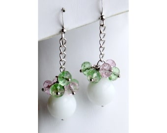 Silver-plated earrings with white stone and mint green and pink faceted Czech glass beads