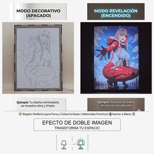 Può includere: Una scatola luminosa rettangolare con effetto doppia immagine. A sinistra, un disegno al tratto in bianco e nero di un personaggio anime in posa accovacciata. A destra, lo stesso personaggio a colori con tuta rossa su sfondo cielo blu.
