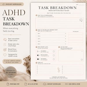 Pode incluir: Uma folha imprimível de divisão de tarefas para TDAH com o título "Task Breakdown" e o texto "When everything feels too big". A folha inclui seções para dividir tarefas, avaliar os níveis de energia e uma lista de tarefas concluídas.