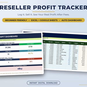 May include: A digital reseller profit tracker spreadsheet for Excel and Google Sheets. The interface displays a profit dashboard with total revenue, profit, items sold, and margin metrics, alongside a detailed transaction log table.