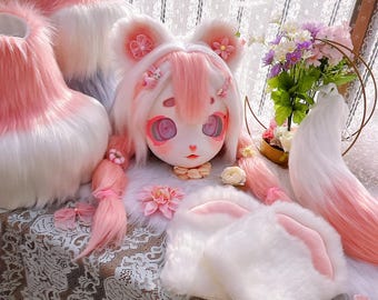 Pastel Pink White Bear Kig Fursuit Head,Teddy Cosplay Mask Handmade for Anime Lovers