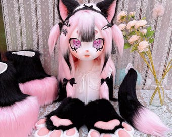 Black Pink Cat Fursuit Head, Kemono Furry Anime Cosplay Mask