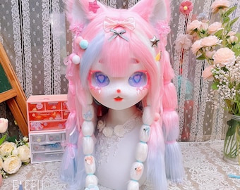 Pink Blue Gradient Cat Kig Fursuit Full Set, Bubble Braids Lolita Cosplay Costume