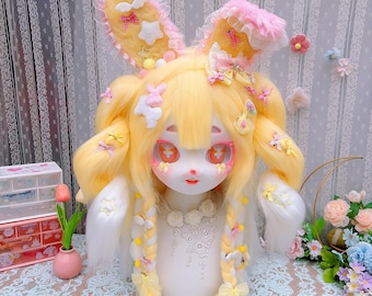 Pastel Yellow Pink Bunny Kig Fursuit Head,  Soft Animal Mask for All Ages