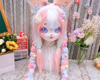 Pink Blue Upright Ear Bunny Kig Fursuit Full Set, Cute Rabbit Cosplay Costume