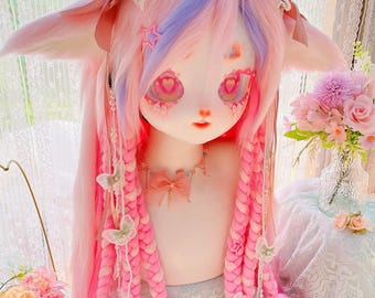 Pink Purple Highlight Floppy Ear Fox Kig Head, Six Long Braids with Loose Back Hair,Cosplay Mask