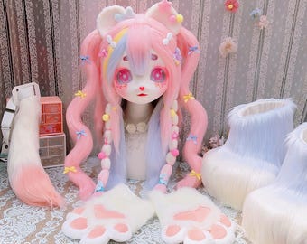 Pastel Pink Blue Bear Kig Fursuit Full Set, Twin Tails Braids Lolita Costume