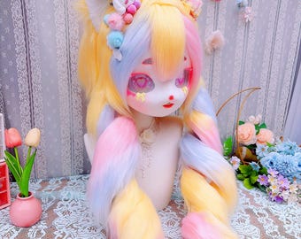 Pastel Dopamine Cat Kig Head,  Cute Rainbow Fursuit Mask for All Ages