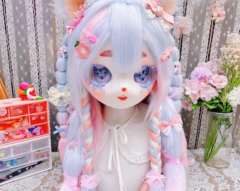 Pastel Pink Blue Cat Fox Fursuit Full Set, Kawaii Lolita Furry Suit for Anime Cosplay with Head Paws Tail Feet