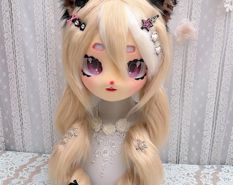 Leopard Cat Kig Head, Spotted Kemono Dollcore Mask, Y2K Pastel Goth Furry Cosplay