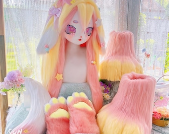Yellow Pink Bunny Kig Fursuit Head, Animegao Kigurumi Mask, Lolita Cosplay Furry Head,